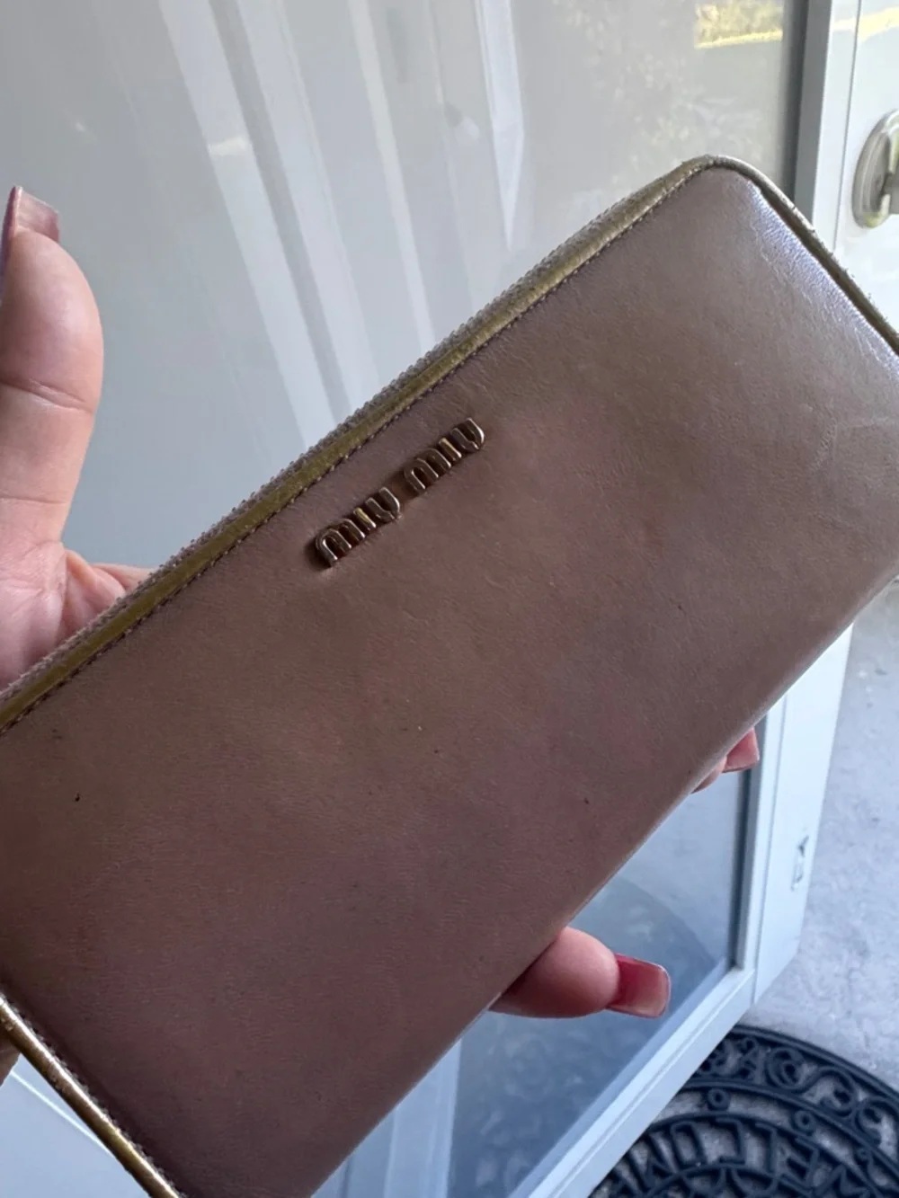 Miu Miu tan Leather Zip Wallet with Gold interior